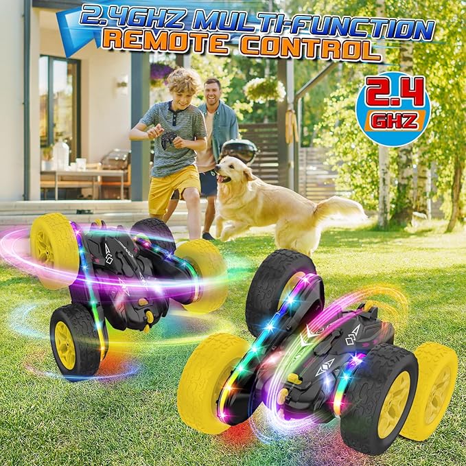 Remote Control CarRC Cars with Sides Light Strip and HeadlightsDouble Sided 360 Flips Rotating RC Stunt Car2.4Ghz All Terrain Toys for Ages 4-8 Kids Toy for Boys Birthday Gift(Black)