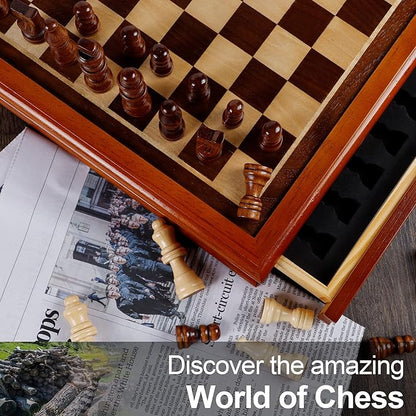 Juegoal 12-Inch Wooden Chess &amp Checkers Set with Storage Drawer Portable Board Games for Kids and Adults