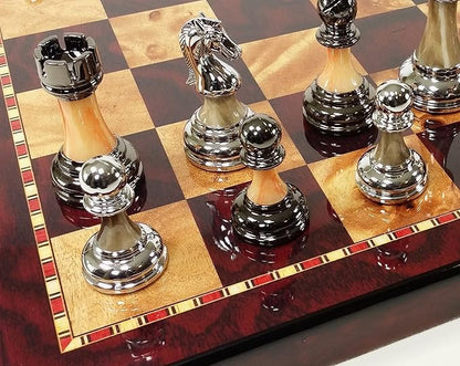 Staunton Chrome &amp Black Chrome Chess Men Set W 18 Gloss Cherry Color Board