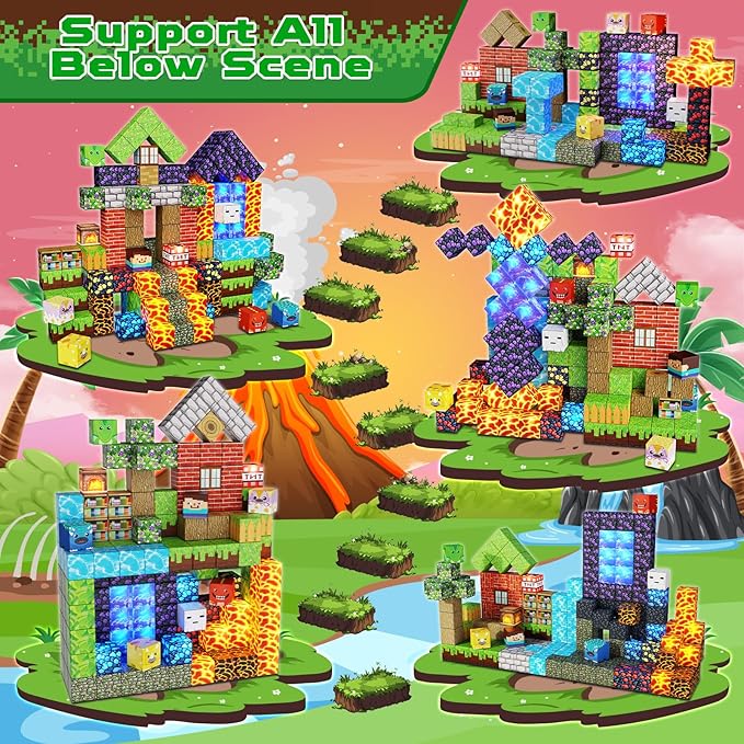 Magnetic Blocks - 150 PCS Dinosaur Volcano Forest Castle Set with Light Up Blocks - Kids Classroom Sensory Toy for Toddlers STEM Construction Stacking Toy Kids 3+ Boys Easter Basket Stuffers