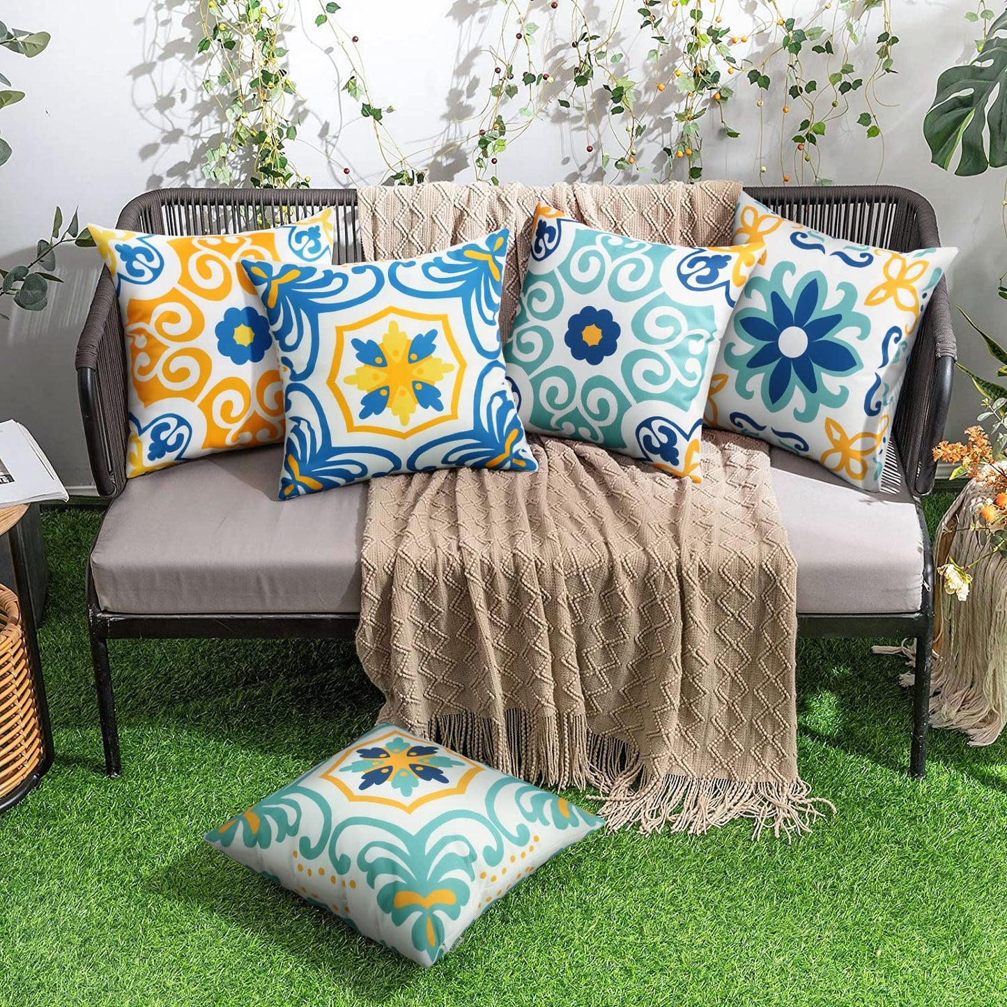 Outdoor Waterproof Throw Pillow Covers Set of 4 Floral Printed and Boho Farmhouse Outdoor Pillow Covers for Patio Funiture Garden 20x20 Inch Blue