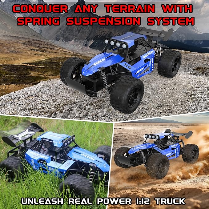 RC Monster Truck for Kids Ages 4–8 1:12 Remote Control Car with Alloy Shell 15.5 MPH (25KM/H) Fast Off Road Blue RC Car with 2 Speed Modes &amp LED Lights 2.4GHz Easy Control Toy Gift for Boys