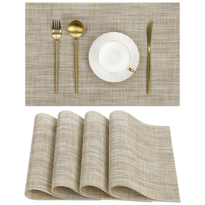 SHACOS Easy Clean Placemats Set of 4 Woven Vinyl Plastic Place Mats Heat Resistant Stain Resistant Dining Table Mats Indoor Outdoor Table Decor, Beige