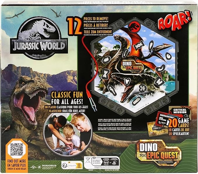 Jurassic World Dino Epic Quest Board Game– Interactive Buzzer DNA Extraction Challenge w/Tweezers Air Land &amp Sea Dinosaurs Skill-Building Family Game for Kids &amp Adults Hand-Eye Coordinatio