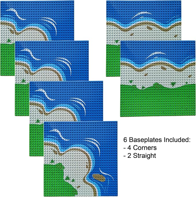 Apostrophe Games Island Building Blocks Base Plates Compatible with All Major Brands - 6 Pack of Beach Plates - 4 Corners &amp 2 Straight