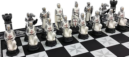 Medieval Times Crusades Red and White Armored Maltese Knights Chess Set with 17 Board