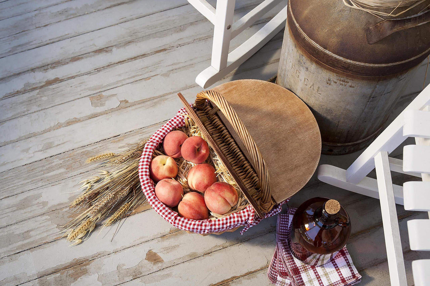 PICNIC TIME - Country Vintage Picnic Basket with Lid - Wicker Picnic Basket for 2, (Red & White Gingham Pattern)