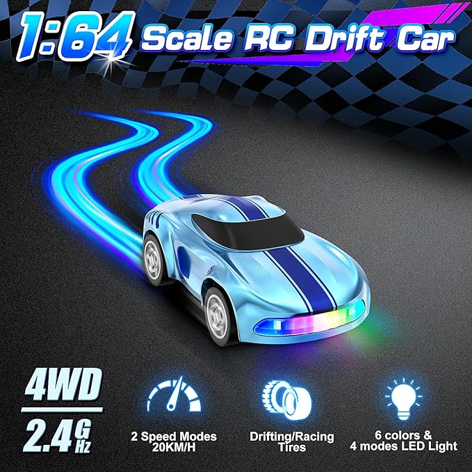 RC Drift Car 1/64 Mini Drift RC Cars 4WD Micro Remote Control Car with LED Lights and Speed Switch Ideal Birthday Cars Toys for Adults Kids Boys Age 6 7 8-12 Blue