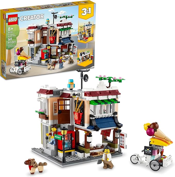 LEGO Creator 3 in 1 Downtown Noodle Shop House Transforms from Noodle Shop to Bike Shop to Arcade Modular Building Set Toy Gift for Kids 8 Years and Up 31131