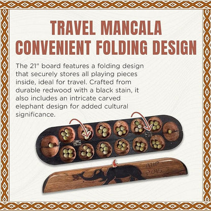 Africa Heartwood Project African Oware Mancala Board - Extended Size Hand-Carved Solid Wood with Elephant Design Wooden Folding Mancala 21 Board 48 Grey Green Tear Seeds and Playing Instructions