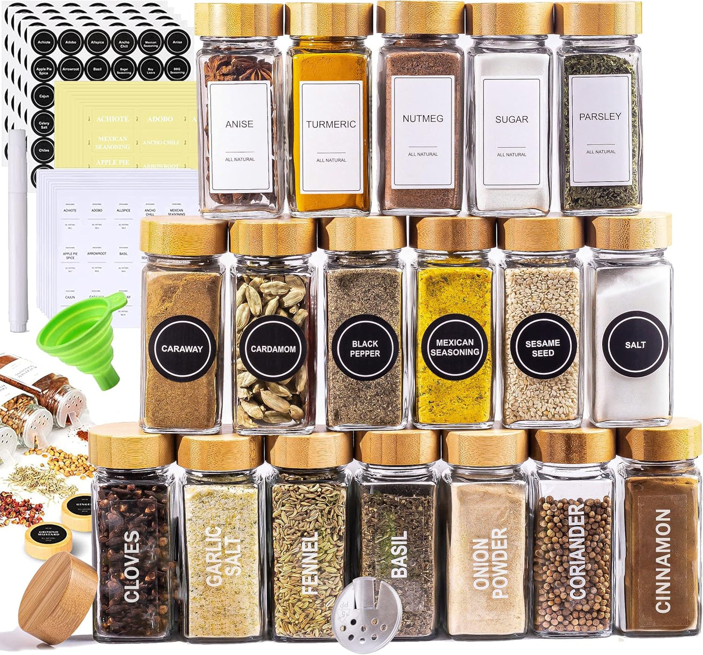 Glass Spice Jars with Label Set, Bamboo Lids & Funnel - Kitchen Airtight Storage Jars with Lids - Spices and Seasonings Sets Organizer, Spice Glass Jar with Lid Food Canister Bottle Sugar Shaker